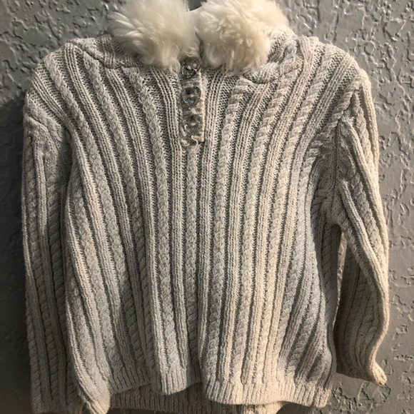Savannah Girls Silver Cable Knit Fur Hood Sweater 18M - Picture 1 of 4
